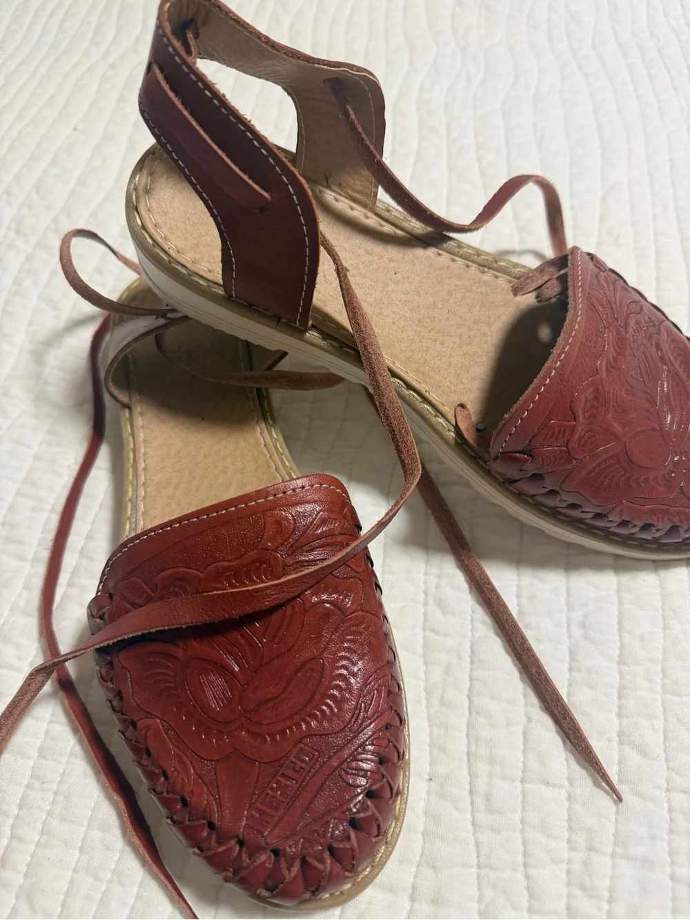 Women’s Embossed Leather Espadrille Sandals in Rust Brown